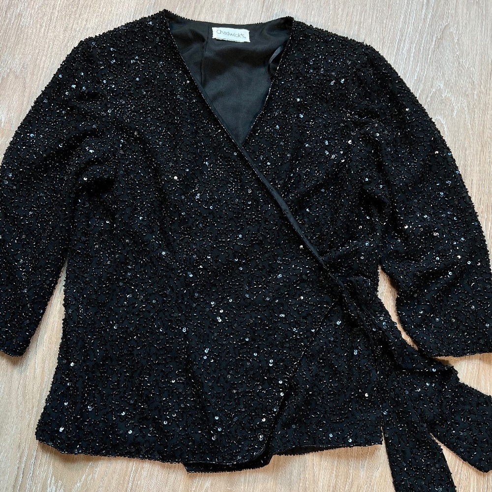 Chadwicks Elegant Black Beaded Wrap Top Size 2P Lined Made in India ~ Lovely